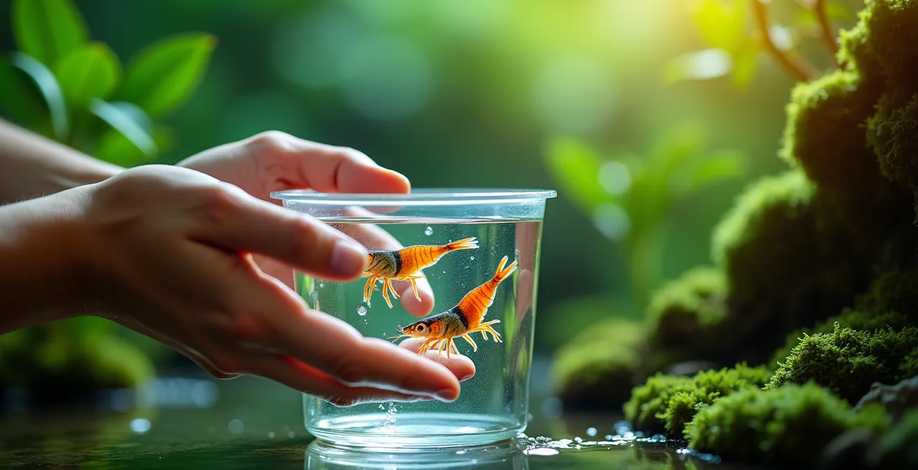 Mains introduisant délicatement des crevettes dans un aquarium