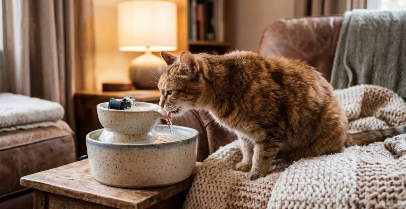 Un chat senior paisible boit dans une fontaine à eau, environnement cocooning avec plaid et lumière tamisée.