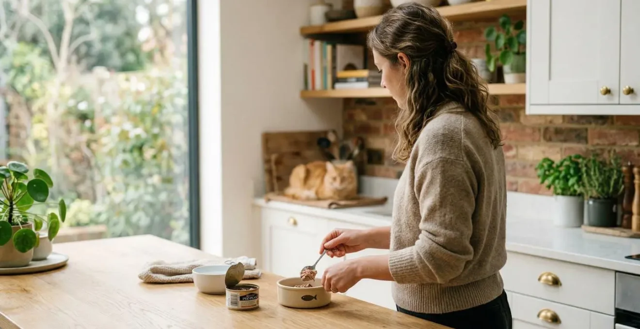 Une personne de dos prépare la gamelle d'un chat dans une cuisine lumineuse, le chat est flou en arrière-plan.