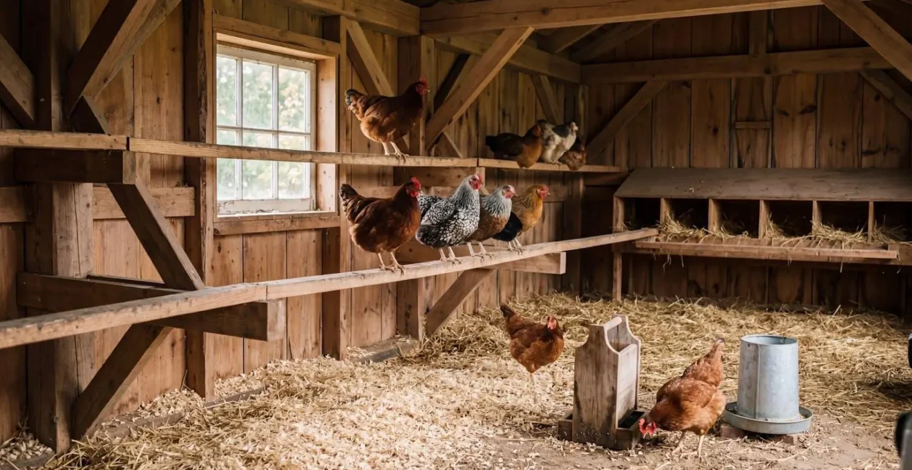 Vue intérieure d'un poulailler spacieux avec perchoirs à différentes hauteurs, litière propre et lumière naturelle filtrant par une fenêtre