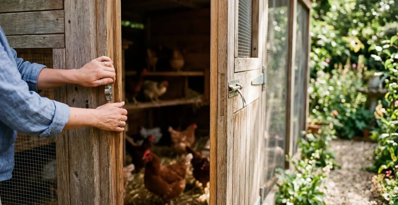 Mains d'une personne ouvrant la grande porte en bois d'un poulailler spacieux, avec des poules visibles en flou à l'intérieur
