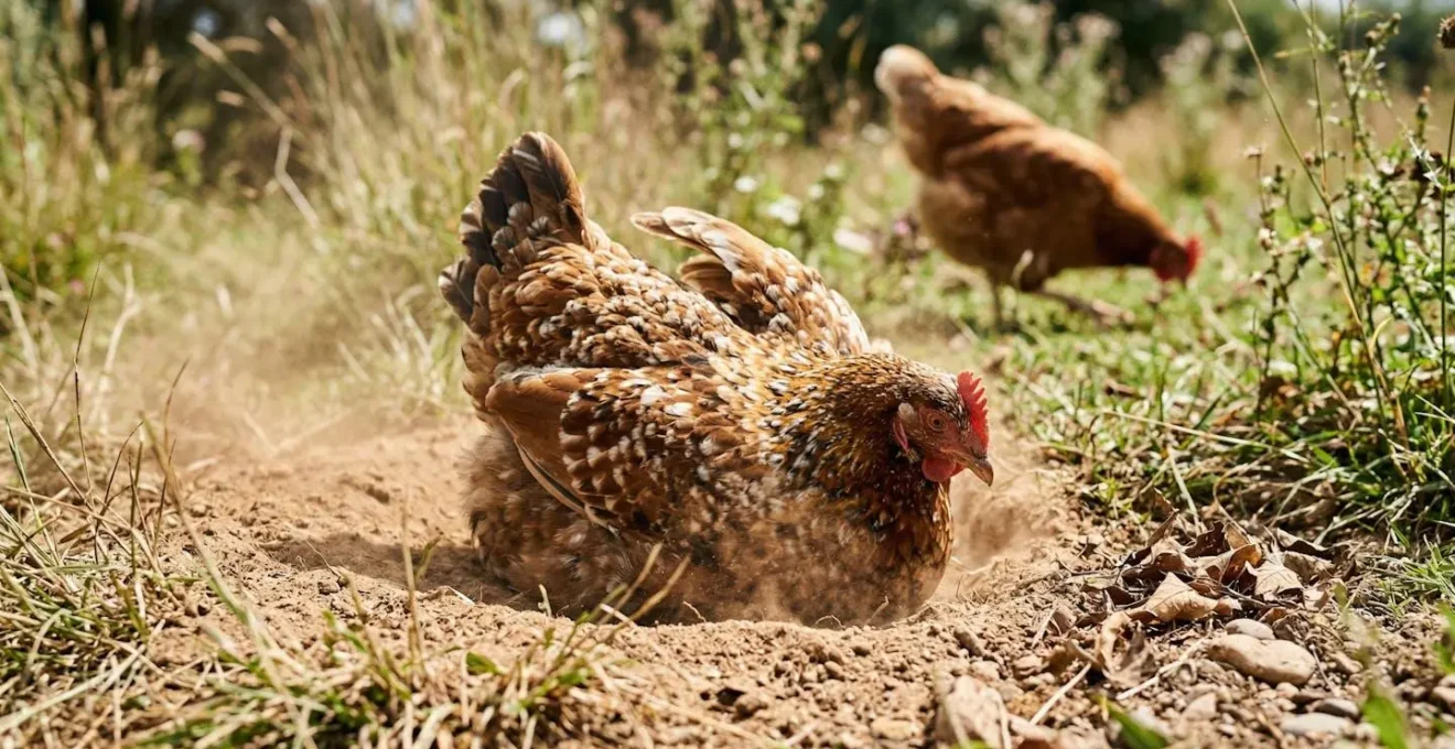 Poule prenant un bain de poussière dans un coin ensoleillé du parcours, tandis qu'une autre poule gratte le sol à proximité