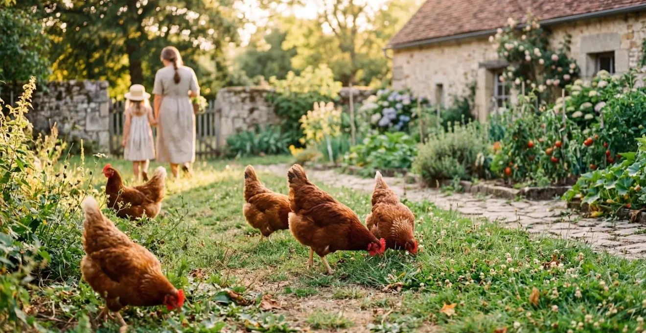 Poules rousses picorant librement dans un grand enclos herbeux baigné de lumière dorée de fin d'après-midi