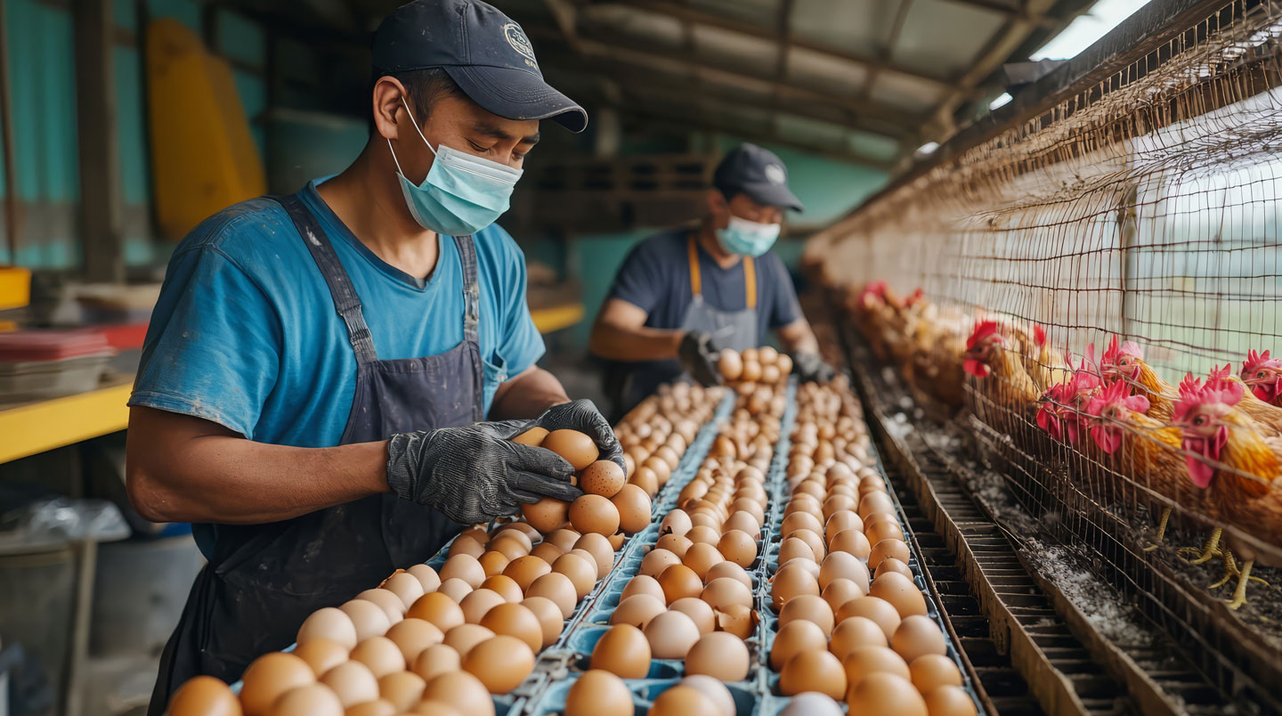 Mains d'une personne ouvrant la grande porte en bois d'un poulailler spacieux, avec des poules visibles en flou à l'intérieur