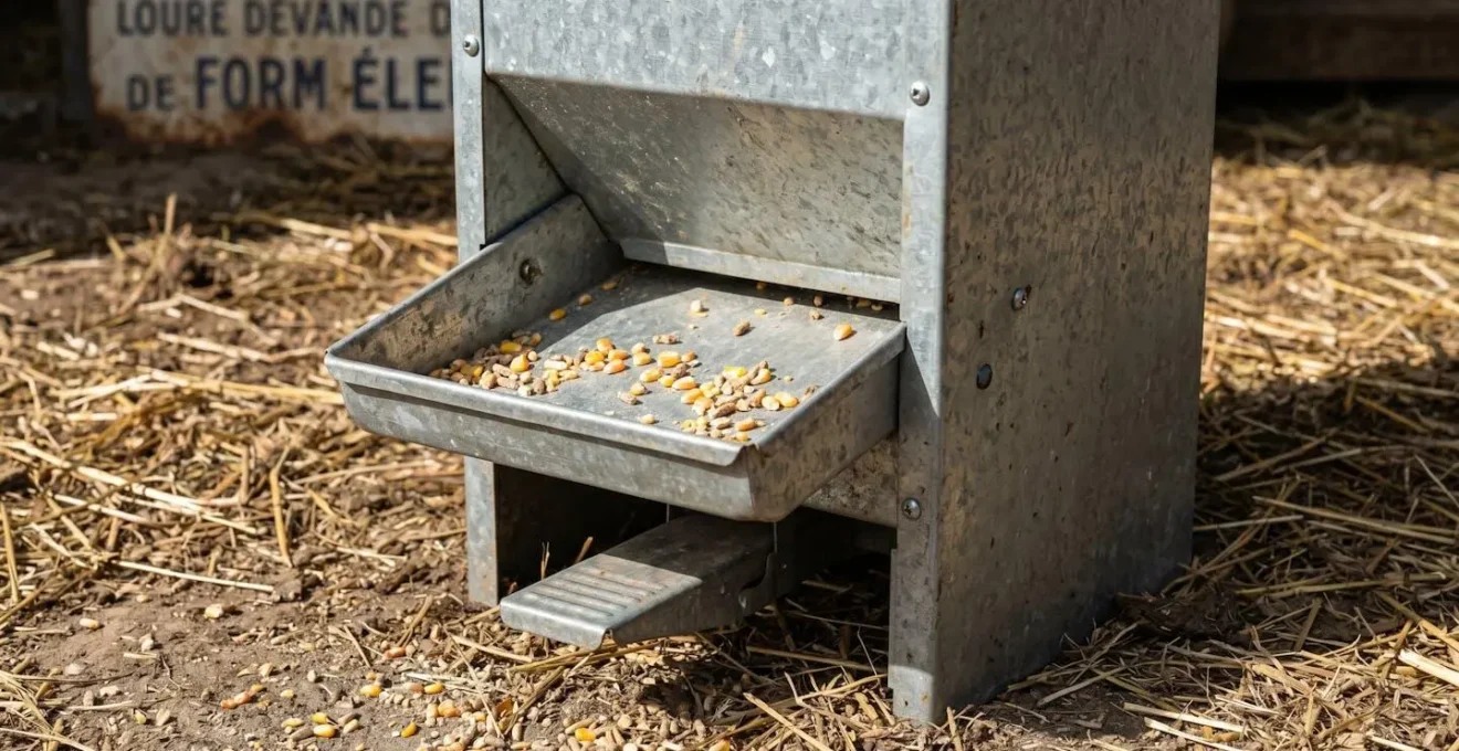 Gros plan d'une mangeoire en acier galvanisé avec système à pédale et plateau de distribution contenant des grains, texture métallique antirouille détaillée, éclairage naturel latéral.