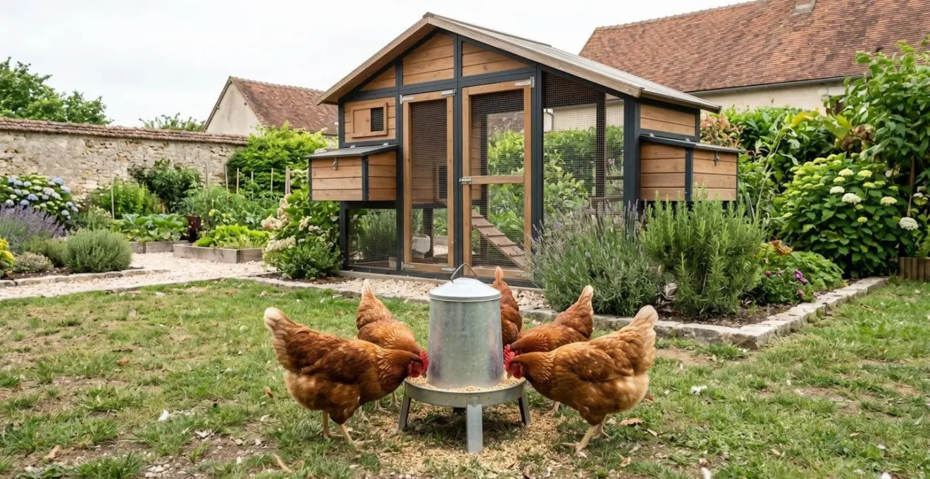 Poules rousses picorant calmement autour d'une mangeoire métallique surélevée sur pieds dans un jardin de poulailler domestique, lumière naturelle du matin.