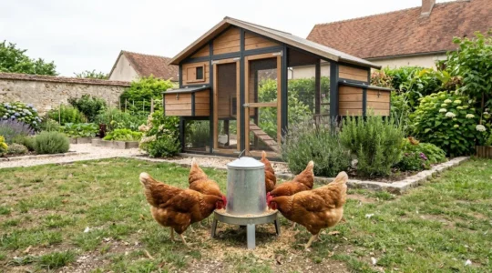 Poules rousses picorant calmement autour d'une mangeoire métallique surélevée sur pieds dans un jardin de poulailler domestique, lumière naturelle du matin.